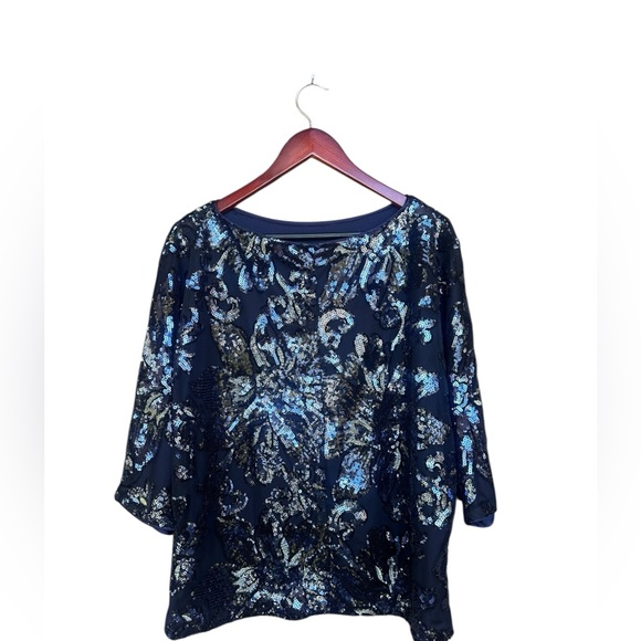 MSK Women’s Floral Sparkly Sequin Dark Blue Formal Blouse Size XL - Picture 4 of 7